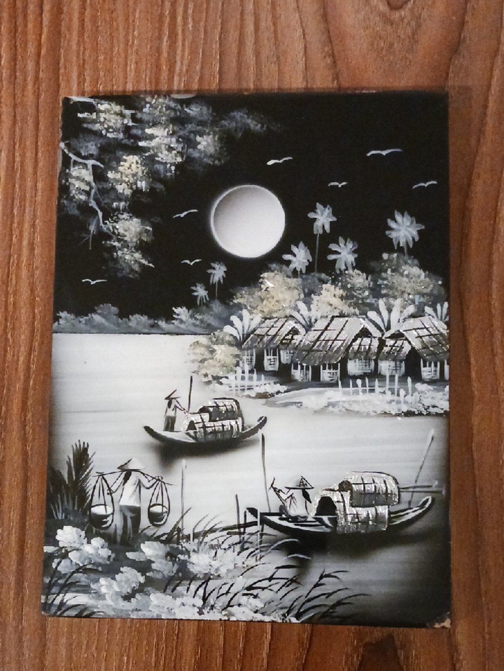 Monochrome Moonlit Village Canvas Art - Black & White